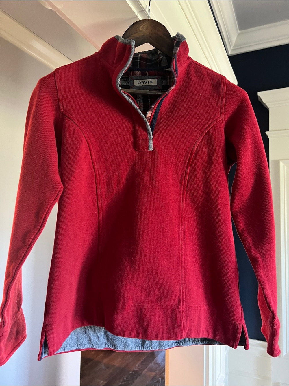 Orvis Women's Red Quarter-Zip Pullover with navy plaid trim
